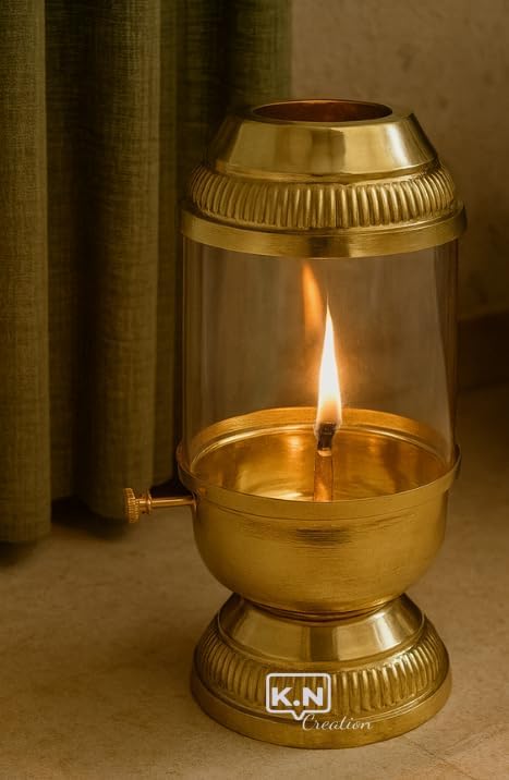 Image of K.N Creation Brass Akhand Diya with Adjustable Bati, Jyoti Wick Lifting Screw Lever, Akhanda Jyothi Deepam, Borosilicate Glass Cover for Pooja(Medium- 160 ml,Oil Capacity, Long Lasting 36 Hours)