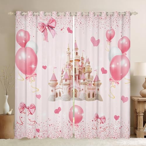 Homewish Rideau Occultant 30%-50% Fille Princesse Rose, Rideau Château Rose pour Enfant Ado, Rideau Voilage Nœud Papillon Kawaii, Voilage Fenetre Coeur d'amour Doux, 140x245 cm, 2 Panneaux