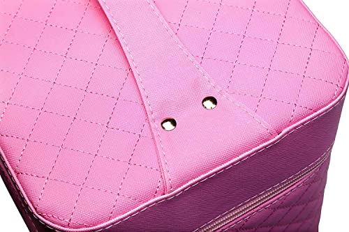 Image of Sooyee Makeup Bag Cosmetic Bag with Mirror, 4 Layer Foldable Tray Makeup Organizer Open to the Sides, Makeup Travel Bag for Women, Train Case, Pink
