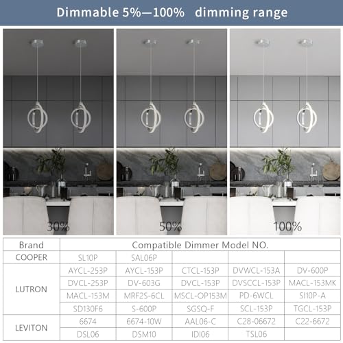 Image of Modern LED Chandelier Chrome Ring Pendant Light Fixtures 4000K Dimmable Height Adjustable Pendant Lighting for Dining Room Kitchen Island Bedroom Living Room Foyer(2-Pack)