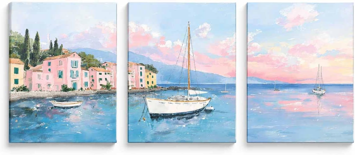 Coastal Canvas Wall Art Set of 3, Pink Blue Seascape Boat Painting, 12x16 Inch Framed-Free Canvas Prints, Pastel Ocean Landscape Wall Decor for Living Room Bedroom Bathroom(Creamy Pink Blue)