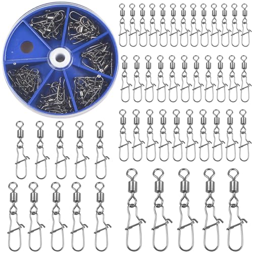 JSHANMEI Fishing Snap Swivels 55pcs Rolling Barrel Swivels with Safety Snaps High Strength Copper and Stainless Steel, Black Nickel Coated Quick Connect Swivel Snap Fishing Tackle