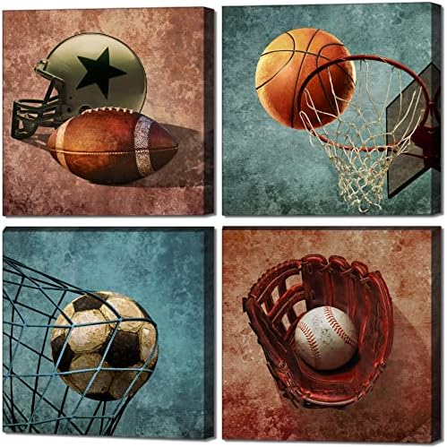 Boys Bedroom Decor Sports Decor Wall Art Rustic Basketball Soccer Football Baseball Nursery Home Decorations Vintage Canvas Prints Picture Sport Theme Posters Brown Blue Framed Wall Art Large Gift for Kids Teen Boys Girls 16”x16”, 4panels