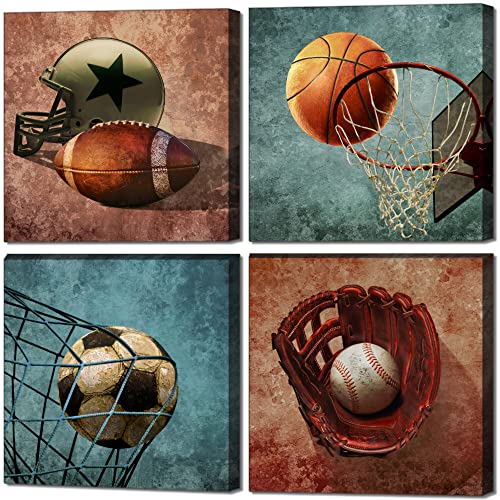 Boys Bedroom Decor Sports Decor Wall Art Rustic Basketball Soccer Football Baseball Nursery Home Decorations Vintage Canvas Prints Picture Sport Theme Posters Brown Blue Framed Wall Art Large Gift For Kids Teen Boys Girls 16”X16”, 4Panels #TOP2
