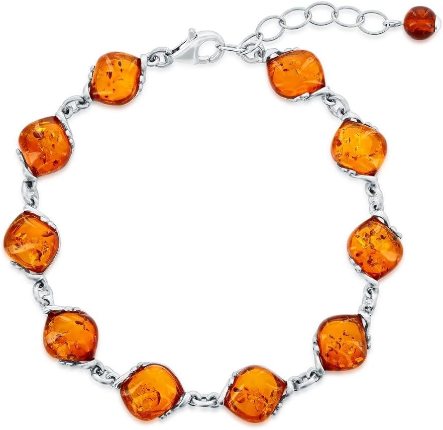 Beaux Bijoux Sterling Silver Natural Amber Bracelet for Women - Natural Gemstone Jewelry - Genuine Amber 8.5" Link Bracelets
