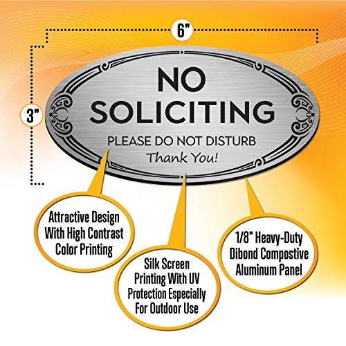 Signseries No Soliciting Sign For Home And Office - 3" X 6" - Mounting Hardware Included, Easy Installation On Wall, Glass, Or Doorbell - Heavy-Duty And Weather-Resistant (Brushed Silver) #TOP1