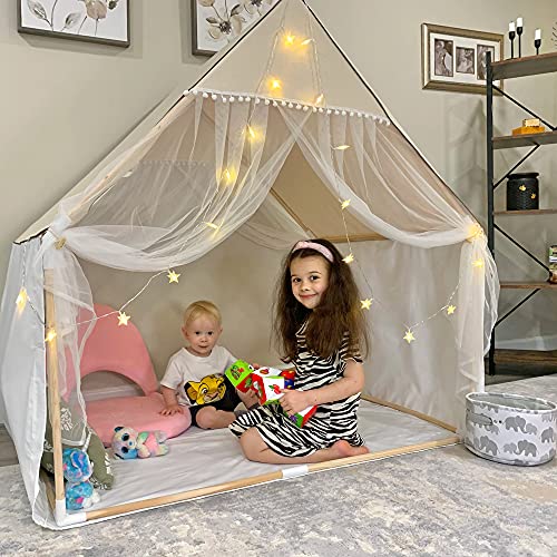Wonder Space Children Play House Tent - Khaki Beige Natural Fabric Canvas Large Lace Pom Playhouse for Kids, Portable for Indoor and Outdoor Fun Plays, Best Gift for Boys and Girls - Thumbnail 2