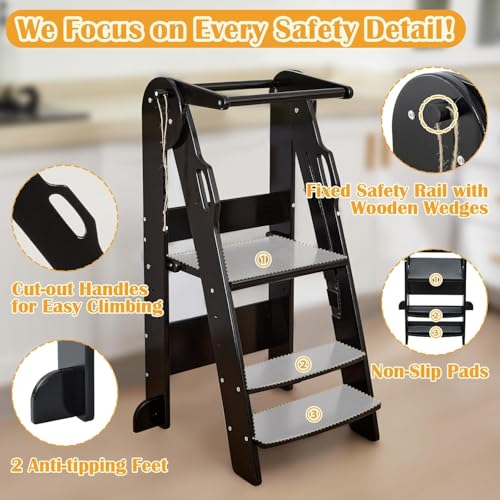 Miniatura 4 de Funlio Torre De Aprendizaje Plegable, Torre Aprendizaje Ajustable En Altura De 3 Niveles, Torre Montessori Con Rieles De Seguridad Para Niños De 2 A 6 Años, Fácil De Montar, Aprobado Por Ce - Negro
