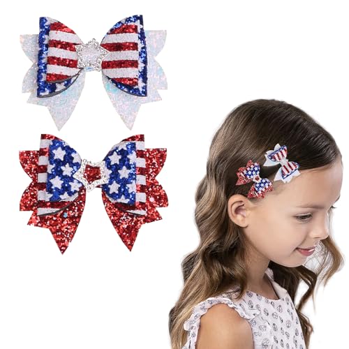 4th of July Bow Hair Clips for Toddler Baby Girls - 2Pcs Red White Blue Flag Hair Bow Alligator Clips Sequin Cheer Barrettes Patriotic USA Bow Hairgrips Women Hair Accessories for Independence Day
