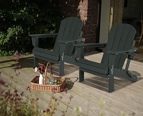 Abcpatio Folding Plastic Adirondack Chair - Outdoor Weather Resistant Adirondack Chairs With Cup Holder, Stackable Seating For Patio, Porch, Deck, Pool, Garden, Backyard (Seat Width 21.6", Black) #TOP1