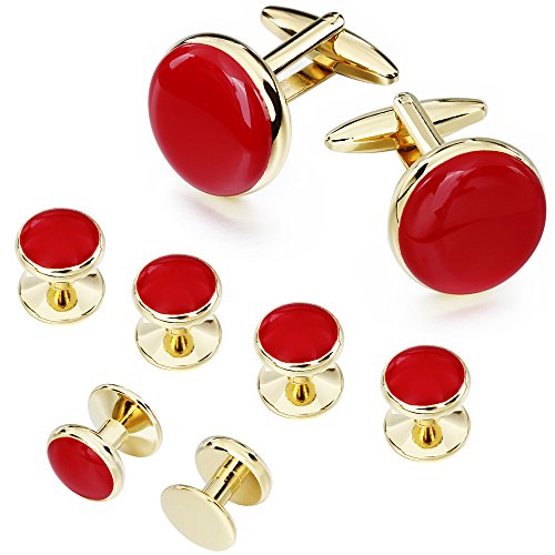 AMITER Cufflinks and Tuxedo Shirt Studs Set for Men Classic Gold and Red Enamel Round Shape with Gift Box - Formal Business Wedding Anniversary Jewelry