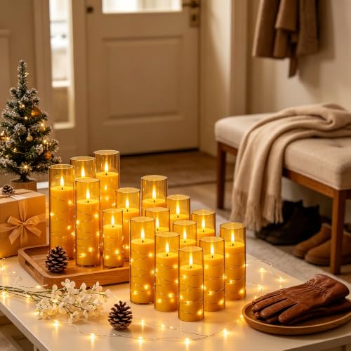 Image of Da by 12 Pack Champagne Flameless Taper Candles, Flickering Black Wick LED Candles with Copper Wire Lights, Heat Resistant ABS with 2 Remotes, Assorted Sizes for Indoor Outdoor Decor