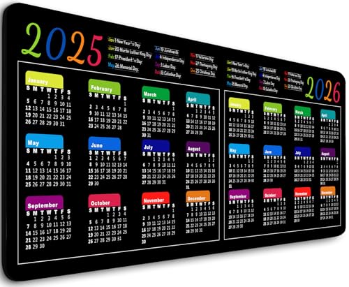 Large Gaming Mouse Pad 2025-2026 2 Year Calendar with Holidays Modern Black Business Mousepad for Desktop Work, Game, Office(31.5 x 11.8 Inch)
