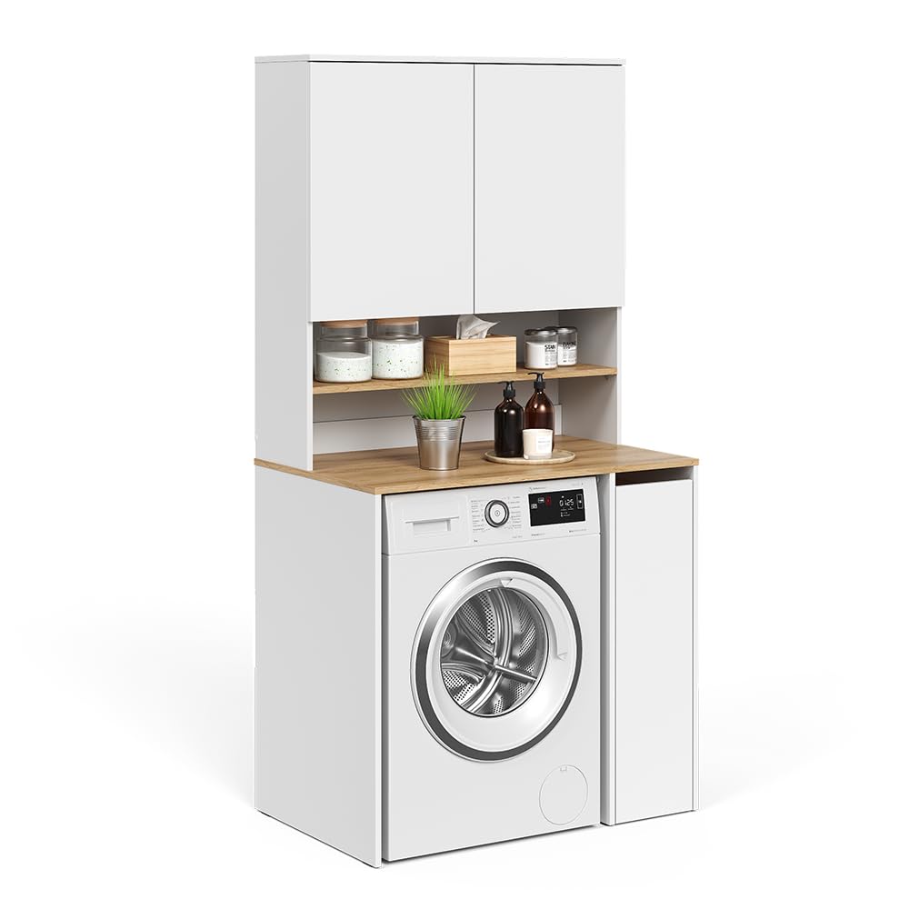 Vicco Armoire Machine à Laver Viktor, Blanc/Artisan, 93.6x88.2cm | 2 pièces avec étagère, convient pour le rangement de lessive et de serviettes