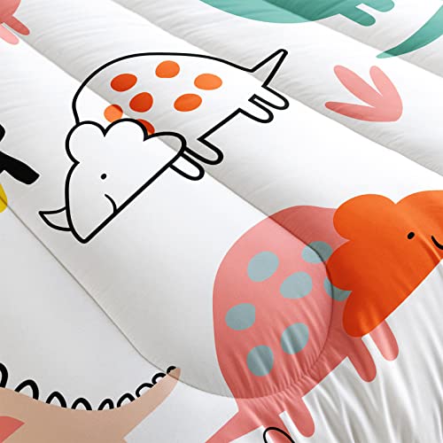 Qoovo Cartoon Dinosaur Kids Comforter Sets For Boys Girls, Queen Size 3Pcs Bedding Comforter Set, Fresh Green Dinosaurs On White Design, Skin-Friendly Breathable For All Season #TOP6
