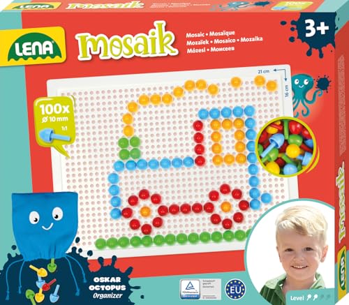 Lena 35623 - Mosaik Steckspiel Set, Steckmosaik mit 100 farbigen Stecker,...