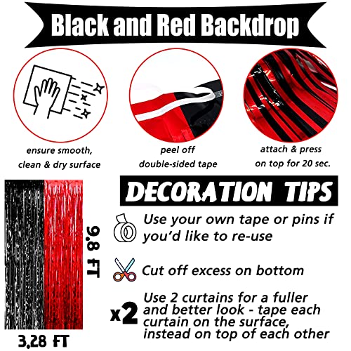 Image of 4 Pack 3.2Ft x 9.8Ft Black Red Fringe Curtain Backdrop, Metallic Tinsel Foil Fringe Streamers Curtains Background for Photo Booth Wedding Casino Viva Las Vegas Game Night Birthday Party Decorations