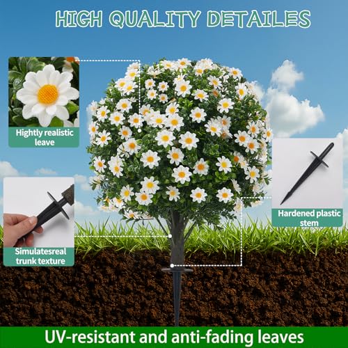 Image of 2 Pack Artificial Boxwood Topiary White Mum Flowers 24 UV Resistant Outdoor