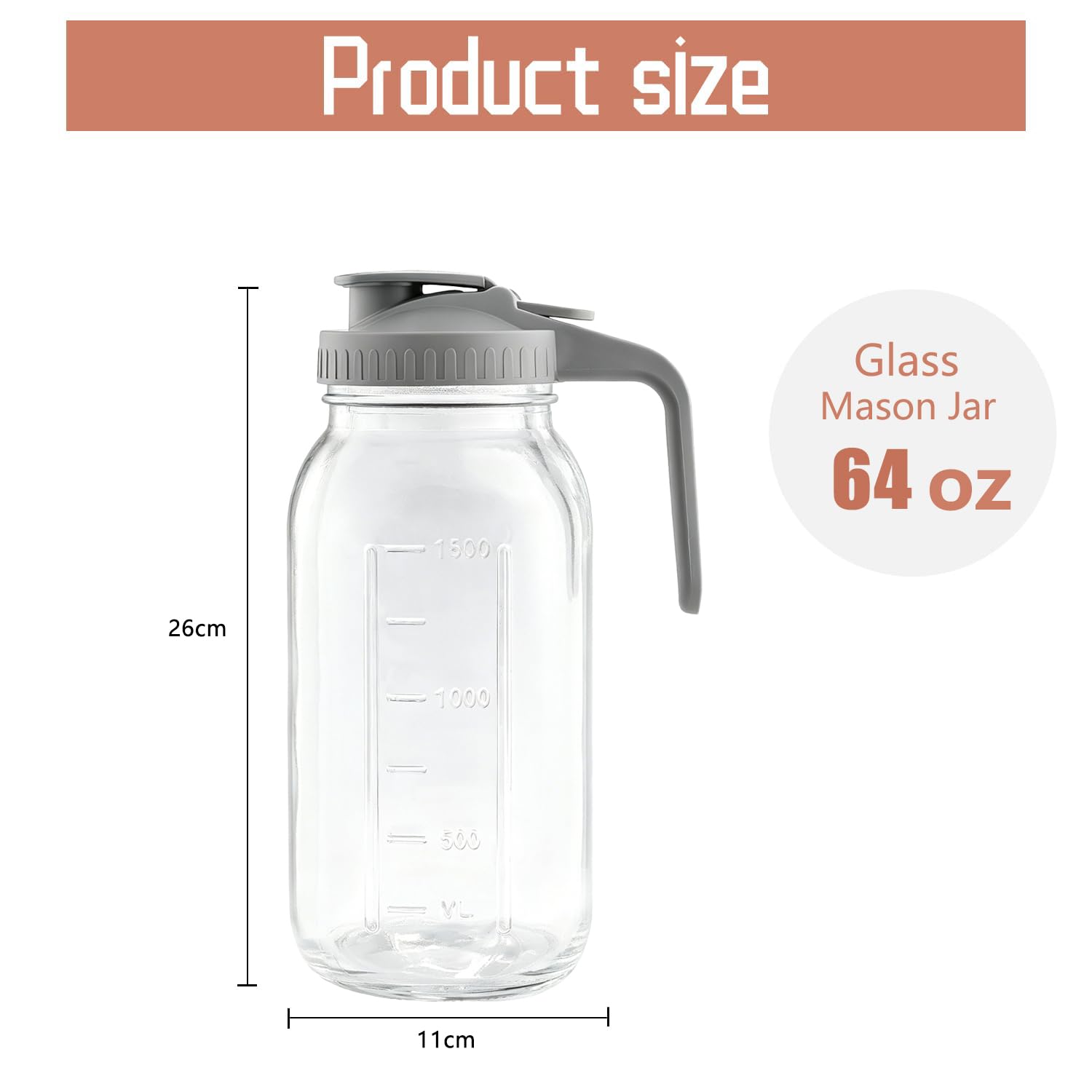 Hniuyun Brocca per latte, 1,8 l, ermetica, in vetro, a bocca larga, con coperchio per versare latte materno, tè freddo, caffè freddo, succo di frutta (grigio)