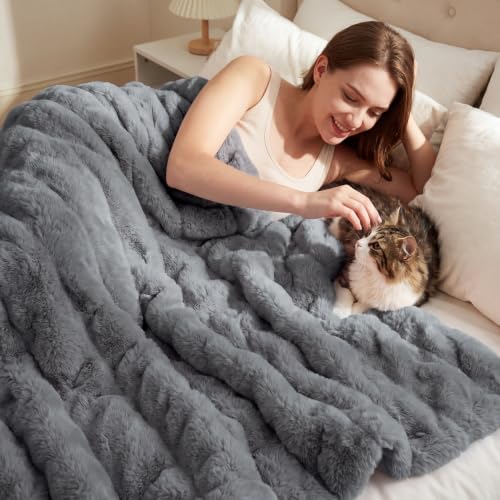 Cuddleux Gray Faux Fur Throw Blanket, Soft Fuzzy Blanket 50x60inch - image 2