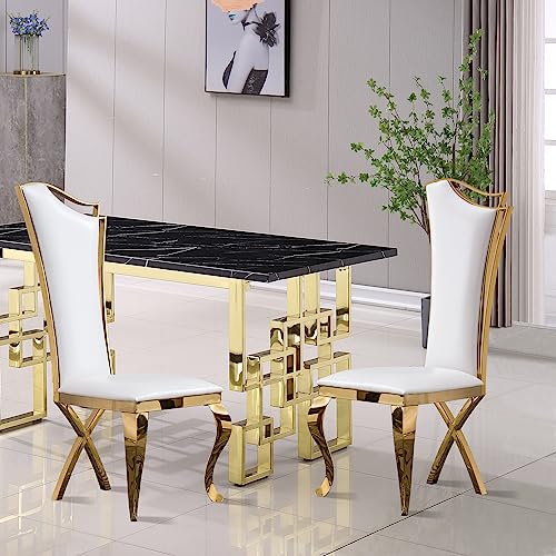LIKUHLI Silla de Comedor Cuero Blanco, Juego de 2 sillas de Comedor tapizadas con Patas de Acero Inoxidable Dorado y Respaldo Alto, sillas de Comedor de Cuero, Comedor Moderno de