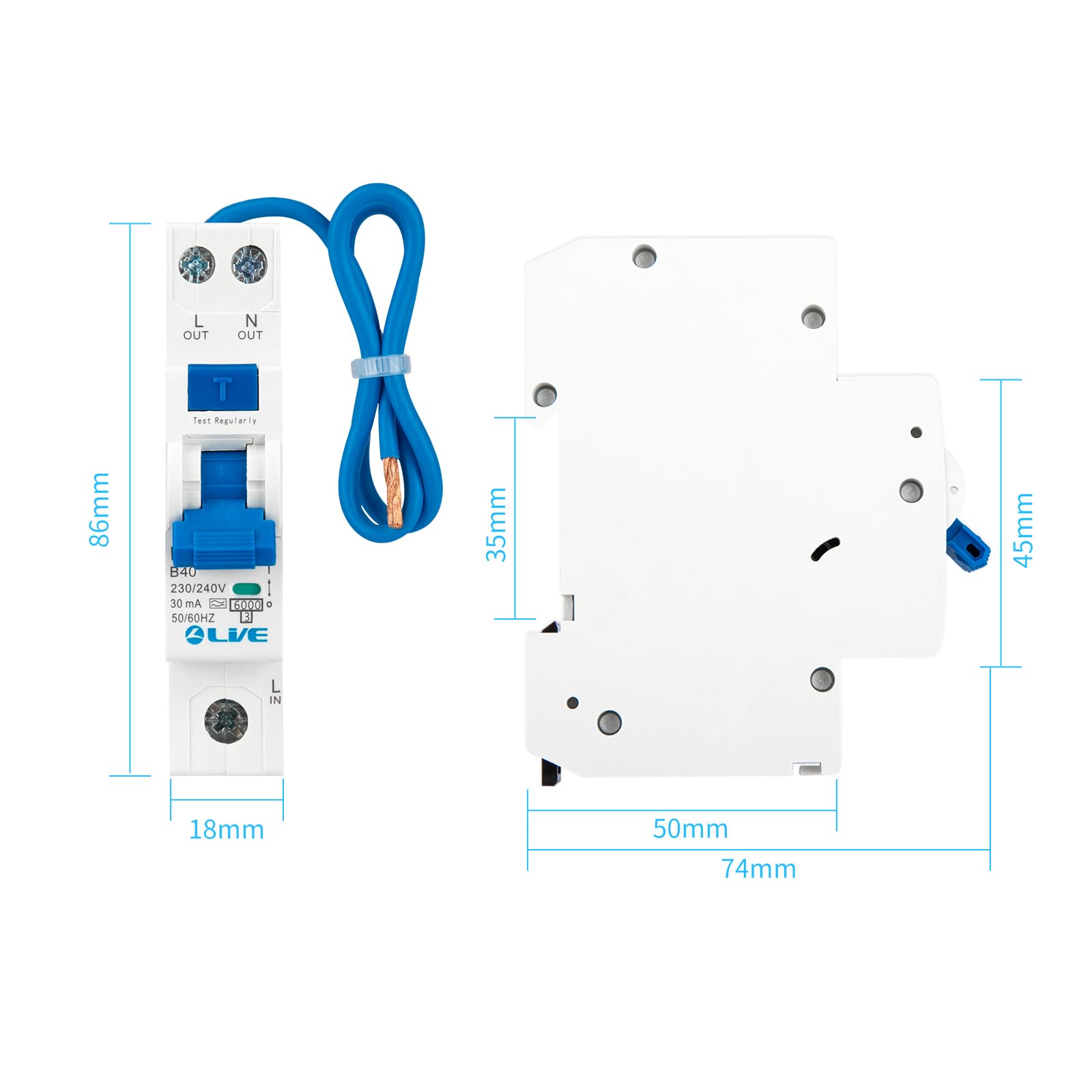 LAIWO Type A-40mA Circuit Breaker, RCD, 40 Amps, Panel Mount, B Curve 30mA Leakage Protection, 6kA Breaking Capacity - Image 4