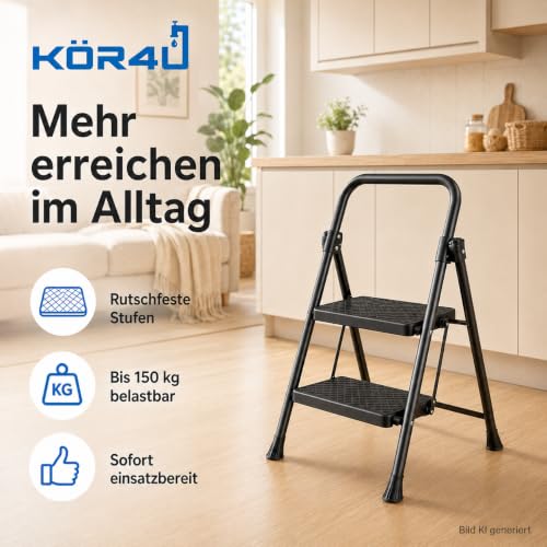 kör4u Trittleiter 2 Stufen, 150kg belastbar, klappbar, rutschfest, schwarz