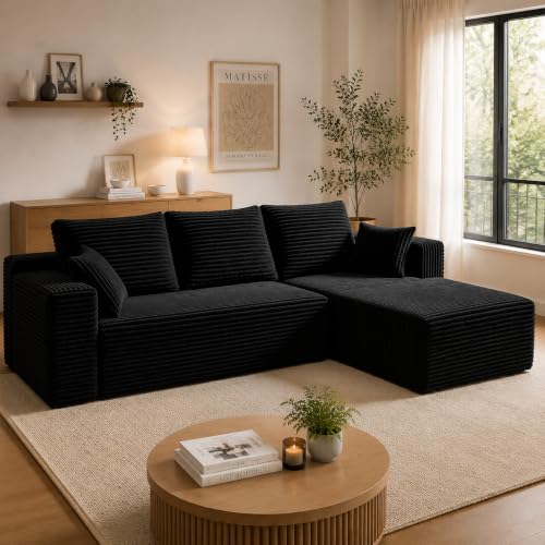 106" Boneless Cloud L-Shaped Sectional Couch, Corduroy Sofa, Dark Grey