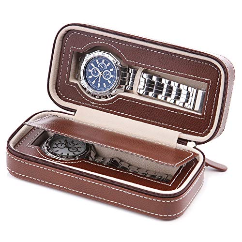 Aesy 2 4 8 Fentes/Grille Regarder Espace de Rangement Afficher Boîte, Portable Cuir de Voyage Regarder Collectionneur Casier Ecrins pour Montres (2 Fentes, Marron)