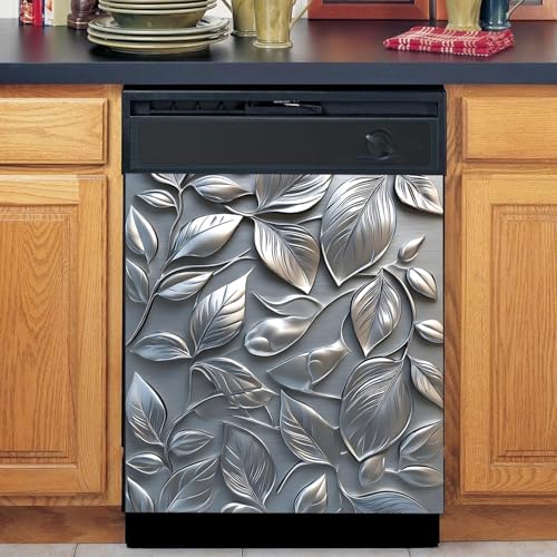 Image of BVBOX Dishwasher Magnet Cover 23 inchx26 inch, Reusable Magnetic Refrigerator Covers, Dishwasher Magnets Decorative Cover Fridge Door Skin Panel Stickers for Home Kitchen Appliance,Metal Embossed Leaves