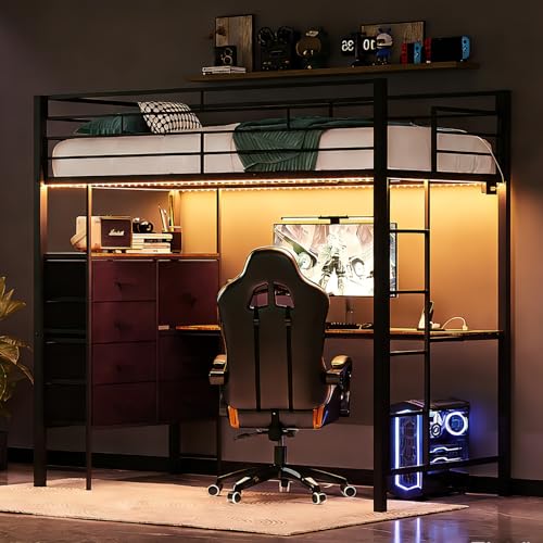 Image of VINGLI Twin Gaming Loft Bed Frame with Desk and Dresser, Metal Single High Sleeper with RGB LED Lights, 2 Built-in Power Outlets, 15 inch Extra-High Guardrails, Space-Saving Design,Black