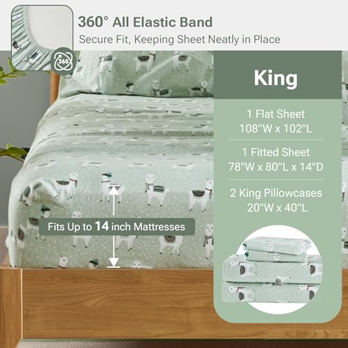 True North by Sleep Philosophy Cozy Flannel Warm 100% Cotton Sheet - Novelty Print Animals Stars Cute Ultra Soft Cold Weather Bedding Set, King, Seafoam Llama 4 Piece