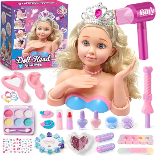 G.C Styling Head Doll for Kids Hairdressing Set with Toy Hairdryer Girls Make up Peelable Nail Polish Mirror Girls Gifts Birthday Role Play Toys for Girl 4 5 6 Year Old
