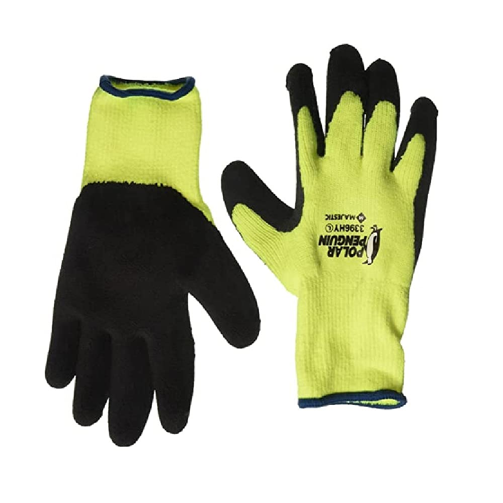 Majestic Polar Penguin Winter Lined Napped Terry Glove with Foam Latex Dipped Palm | 1 Dozen - XXL | ANSI A2, Heavyweight Glove, Hiviz Yellow/Black | Automotive, Industrial, Manufacturing | 3396HY
