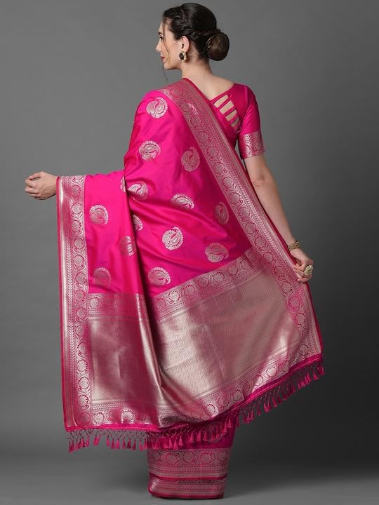 Leriya Fashion Women's Present Banarasi Soft Lichi Silk Saree | Jacquard Rich Pallu Design | Golden Saree For Women | Cotton Silk Saree For Women (Pink)