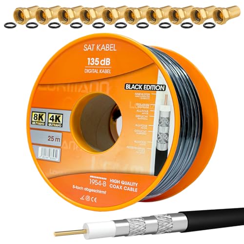 HB-Digital Set 25m de câble coaxial Sat 135db Noir + 10x F-Plug plaqué Or | CCS (Steel-Copper) Câble d'antenne Satellite 5 Fois blindé pour DVB-S/S2 DVB-C/C2 DVB-T/T2 Dab+ Radio BK Systems