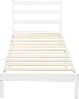 Amazon Basics Solid Pine Wood Platform Bed Frame with Ribbed Headboard, Modern, Easy Assembly, Kids, Single, White, 90 x 190 x 88 cm