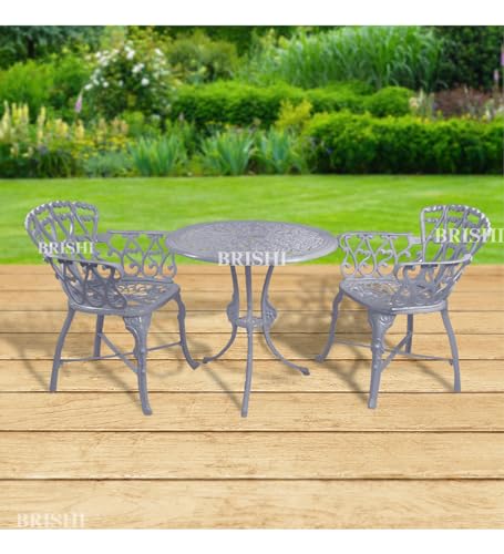 Image of BRISHI Cast Aluminium Garden Patio Seating Chair and Table Set for Balcony Outdoor Furniture with 1 Table and 2 Chair Set (Grey)
