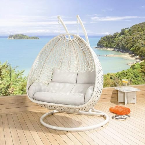 Image of OMANSH Double Seater Swing Chair with Stand & Cushion & Hook Outdoor || Indoor || Balcony || Garden || Living Room (Brown-White)