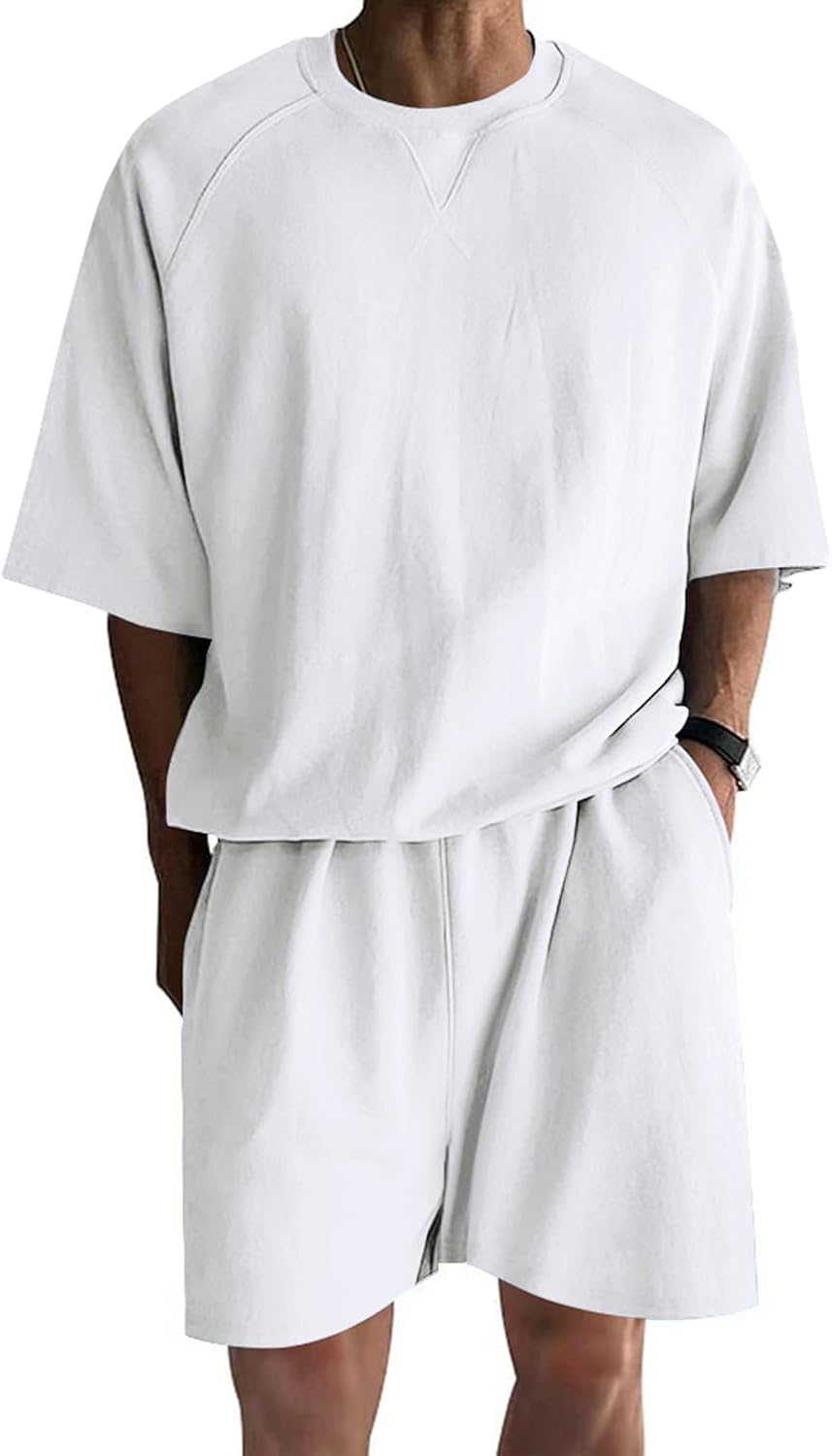 Ryehack Men's Two Piece Outfits Sets Crew Neck Summer T Shirt and Shorts Set Oversized Sweatsuits Sports Sets with Pockets