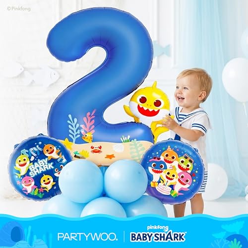 Image of PartyWoo Baby Shark Blue Foil Number 2 Balloon 40 Inch Blue Mylar Helium Birthday Number Balloons for Boys and Girls Baby Shark Under the Sea Ocean Theme Kids Second Birthday Party Decorations