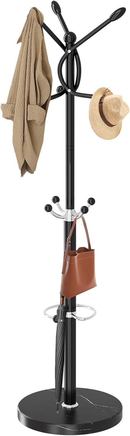 Metal Coat Rack with Natural Marble Base, Coat Rack Stand with 12 Hooks & Umbrella Holder, Black Modern Freestanging Coat Racks, Coat Jacket Hanger Tree Stand for Corner Entryway Office