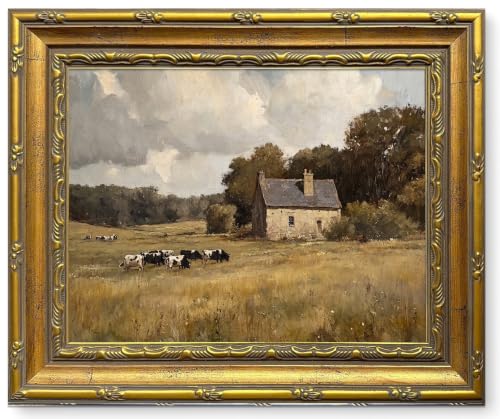 Vintage Farmhouse Wall Art Cow Pasture Landscape Framed Canvas Print 9x11