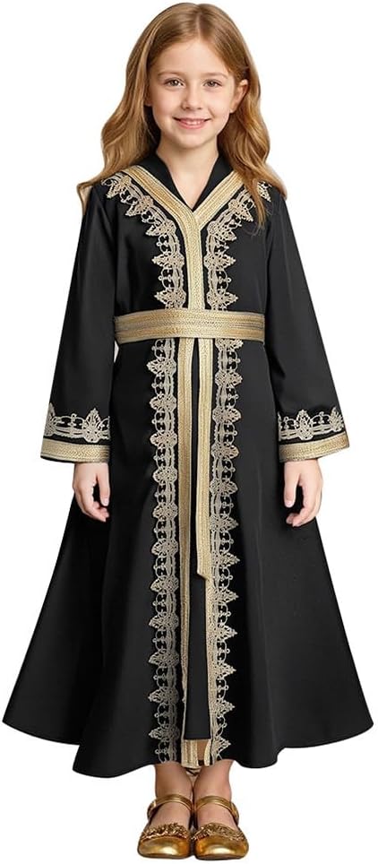 Muslim Dress for Kids Girls Abaya Middle East Ramadan Long Sleeve Lace Prayer Dress Arabic Kaftan with Belt