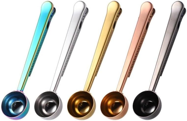 KiNG'Supply - Juego de 5 cucharas de café de acero inoxidable multicolor de doble función con clip de sellado de bolsa, cuchara de mango largo para