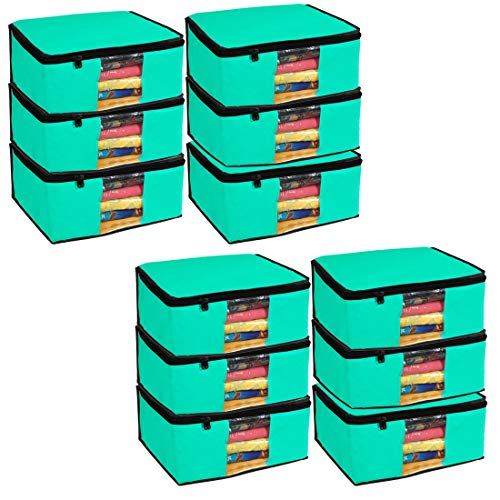 JustandKrafts Presents Non Woven Saree Cover Storage Bags for Clothes Combo Offer Saree Organizer for Wardrobe/Organizers for Clothes/Organizers for Wardrobe Pack of 12- SeaGreen