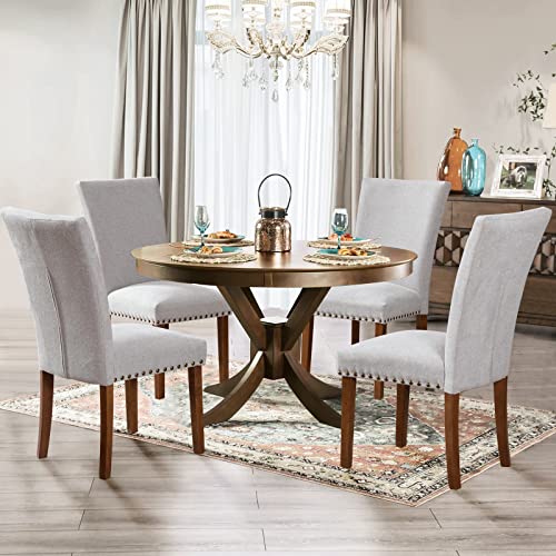 Image of Parsons Dining Chairs Set of 6, Upholstered Nailhead Dining Room Kitchen Side Chair with Thick Cushions and Wood Legs, Light Grey