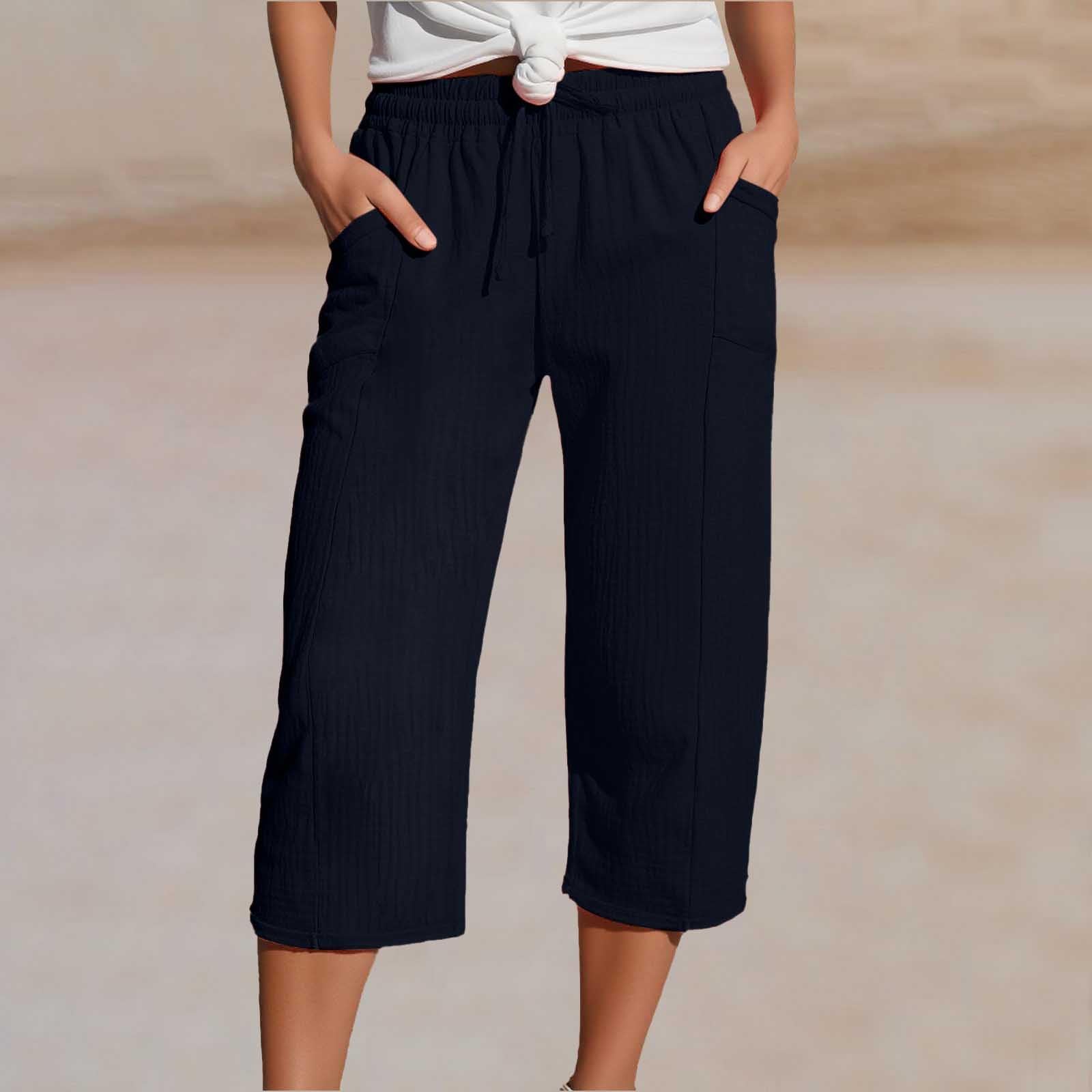 Capris Pants for Women Cotton Linen Casual Summer 2025 Wide Leg Loose Comfy Drawstring Elastic Waist Cropped Trousers A02-Navy M
