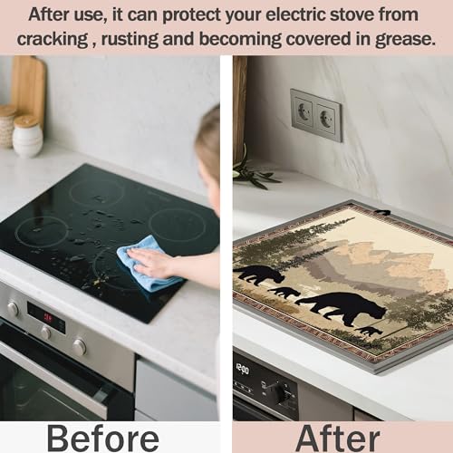 Image of Multi-Design Silicone Stove Cover for Glass /Electric Stoves - 3-in-1 Heat-Resistant Protector Mat, Non-Slip Drying Rack (Bear Family Forest, 28 inch L x 20 inch W)