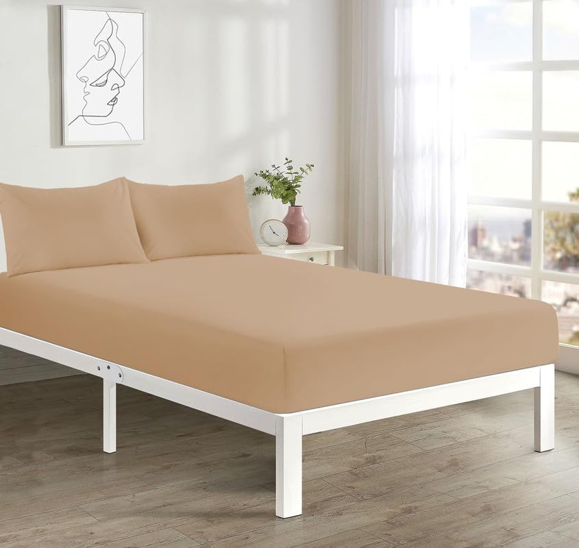 L S U Supersoft Duvet Cover Set Easy Care Bedding Fitted Sheet and Pillowcases in 22 Colours and Single, Double, King, and Super King Sizes (FITTED PP latte)